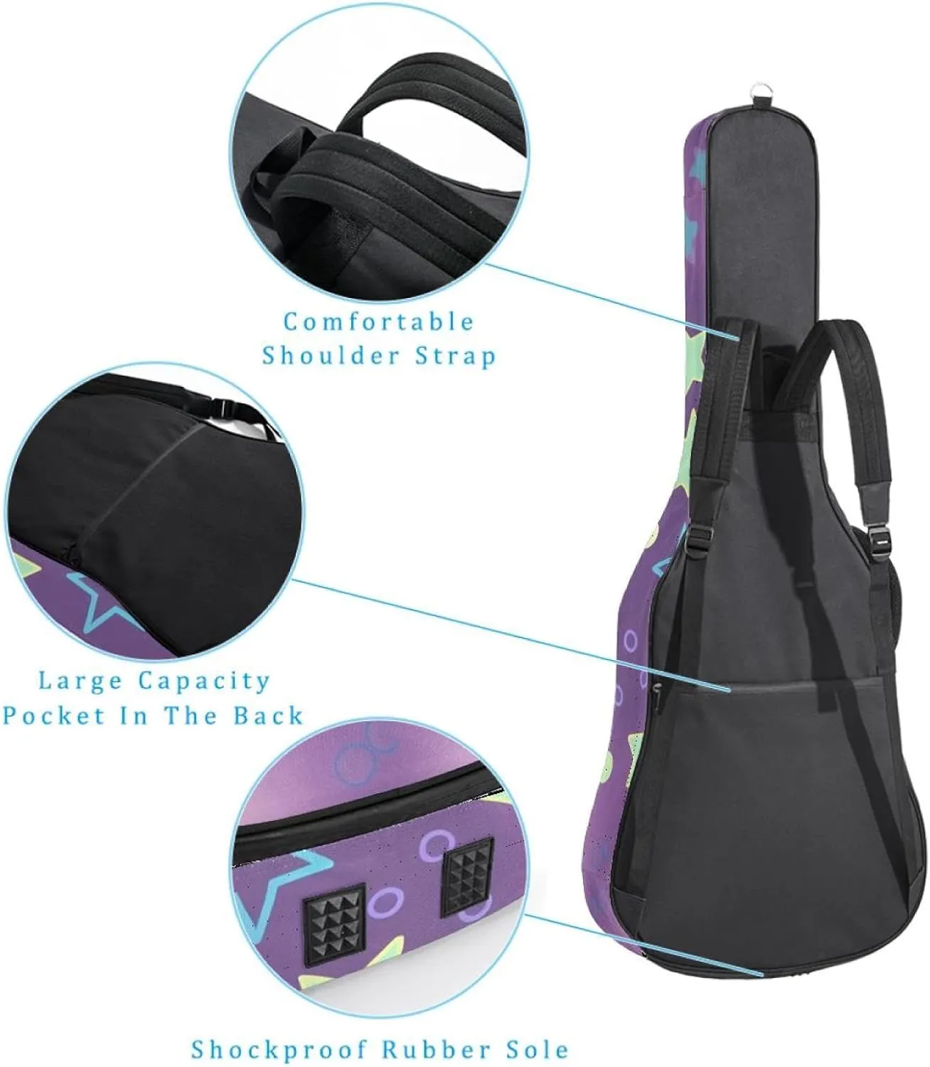 40/41/42-inch Sparkling Stars Acoustic Guitar Bag With Adjustable Shoulder Strap And 2 Storage Bags. Guitar Bag With Back Hanging Loop, Electric, and Classical Guitars