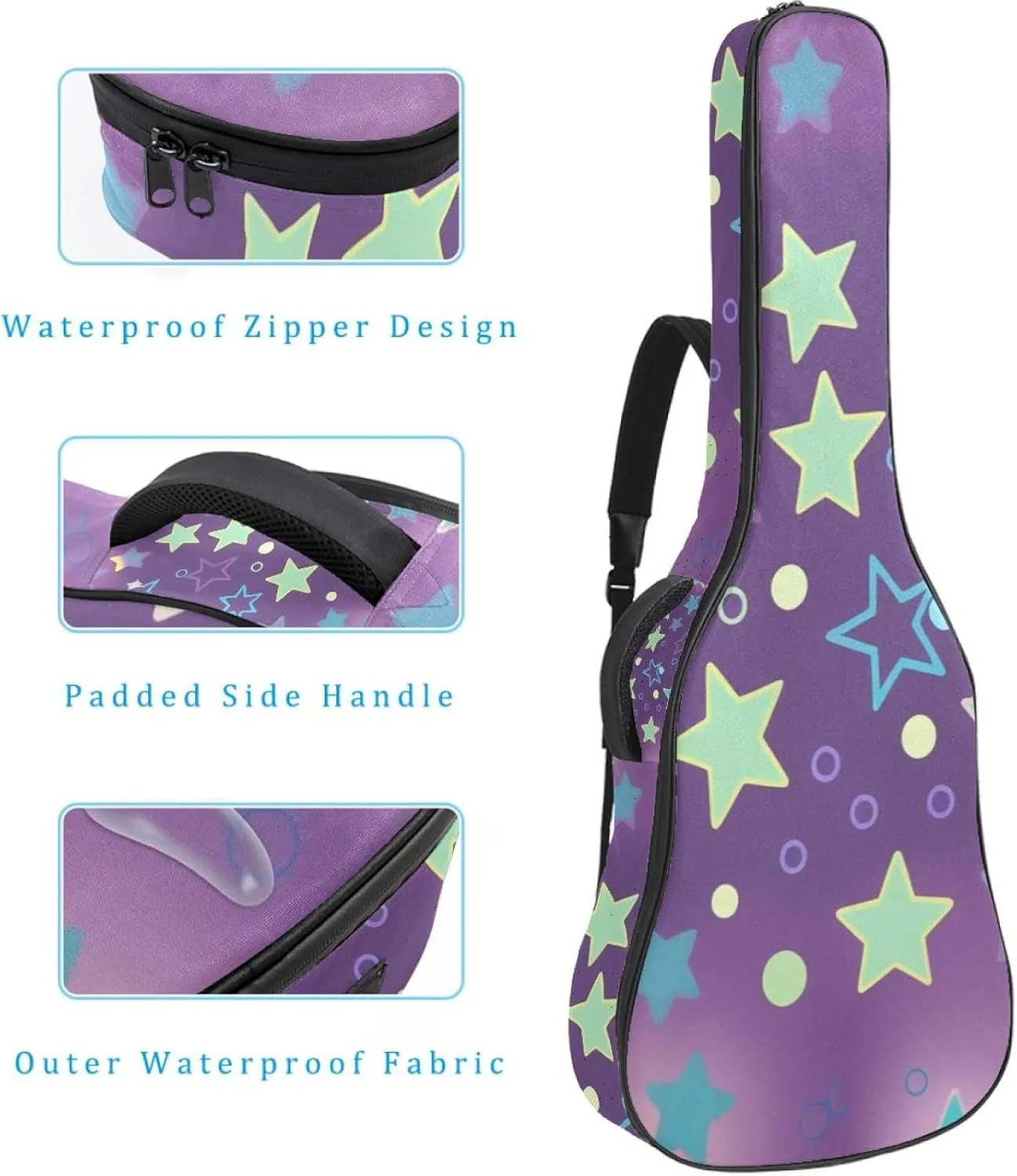 40/41/42-inch Sparkling Stars Acoustic Guitar Bag With Adjustable Shoulder Strap And 2 Storage Bags. Guitar Bag With Back Hanging Loop, Electric, and Classical Guitars