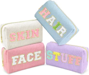 4Pcs Preppy Travel Makeup Bag Set, Corduroy Cosmetic Bag Preppy Stuff Bag for Cute Teen Girls, Toiletry Bags for Traveling Accessories Skincare Bag Cute Cosmetic Bag Travel Essentials Pouch