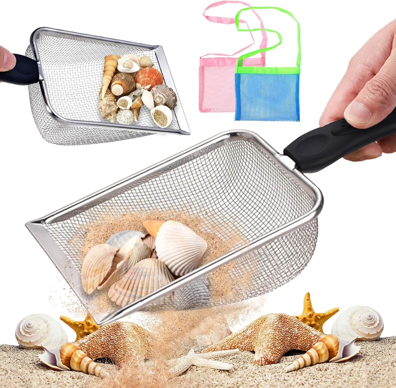 4Pcs Shark Tooth Mesh Bag for Shell Collecting, Sand Sifter for The Beach, Shovel for Boys and Girls Picking Up Shell