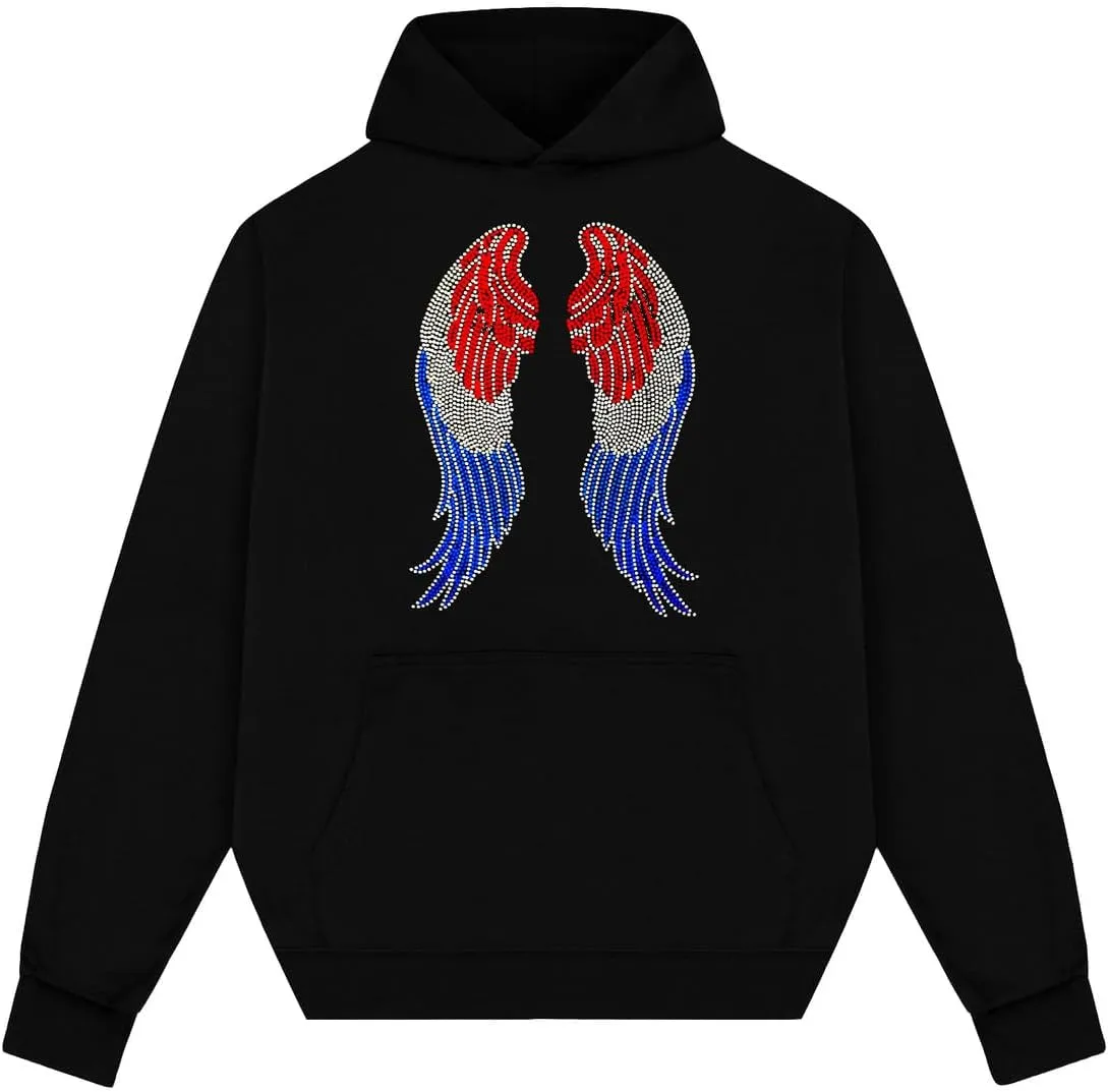 4th of July with The Angel Wings - Rhinestones Transfers on Black Hoodie