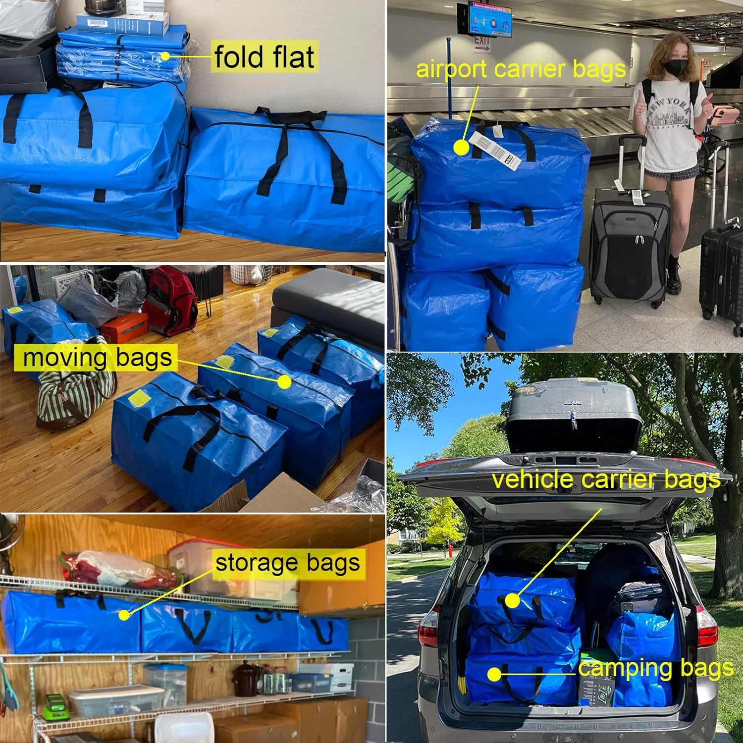 5 Pack Heavy Duty Extra Large Moving Bags Storage Tote - Strong Handles& Backpack Straps - Space Saving Storage Bags Alternative to Moving Boxes and Bins,Compatible with Ikea Frakta Cart, Blue