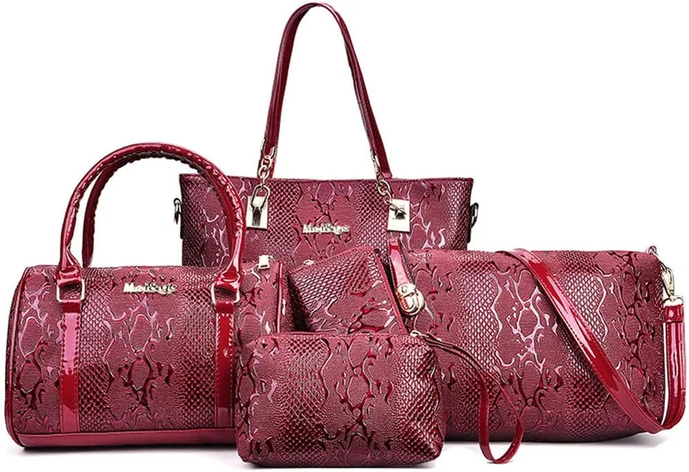 5 Pcs Handbags for Women Patent Leather Tote Bags Set Shoulder Crossbody Bag Satchel Purses Boston Bag Wallet Clutch