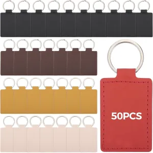 50-Pack Rectangular Pu Leather Keychains, Ideal For Car & Bag, Versatile Diy Blank Set With Alloy Rings