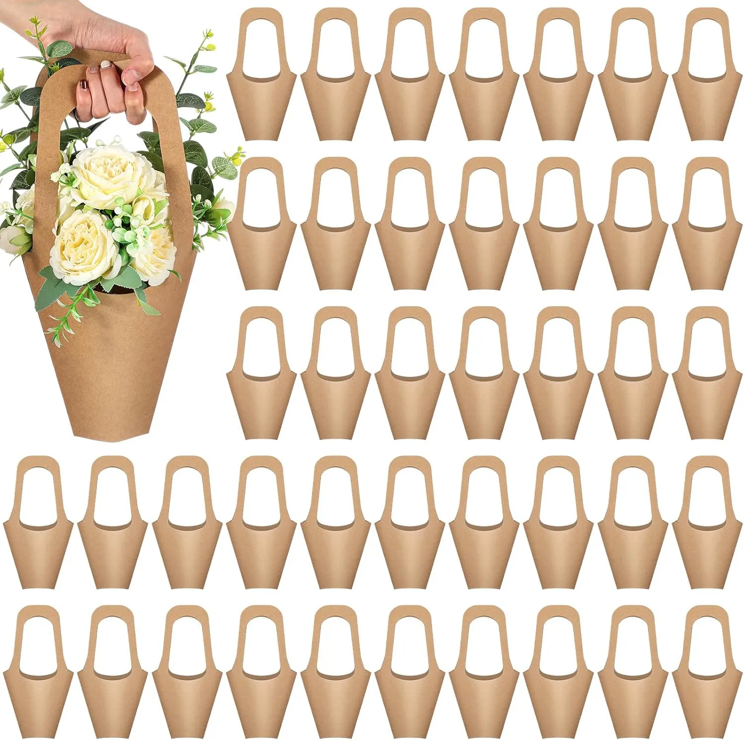 50 Packs Kraft Paper Flowers Gift Bags with Handle, 13.8'' Flowers Bouquet Holder for Wedding, Valentines Day Decoration, Florist Shop