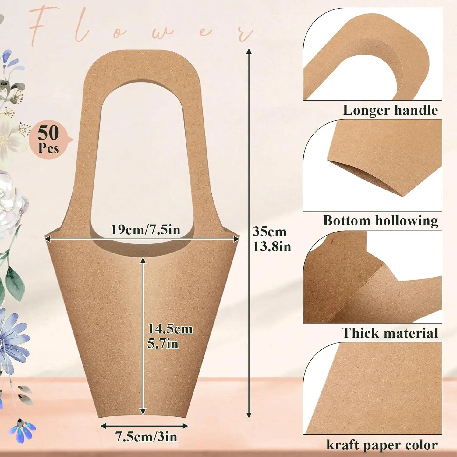 50 Packs Kraft Paper Flowers Gift Bags with Handle, 13.8'' Flowers Bouquet Holder for Wedding, Valentines Day Decoration, Florist Shop