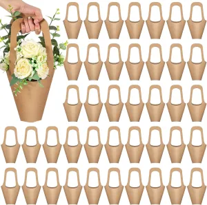 50 Packs Kraft Paper Flowers Gift Bags with Handle, 13.8'' Flowers Bouquet Holder for Wedding, Valentines Day Decoration, Florist Shop