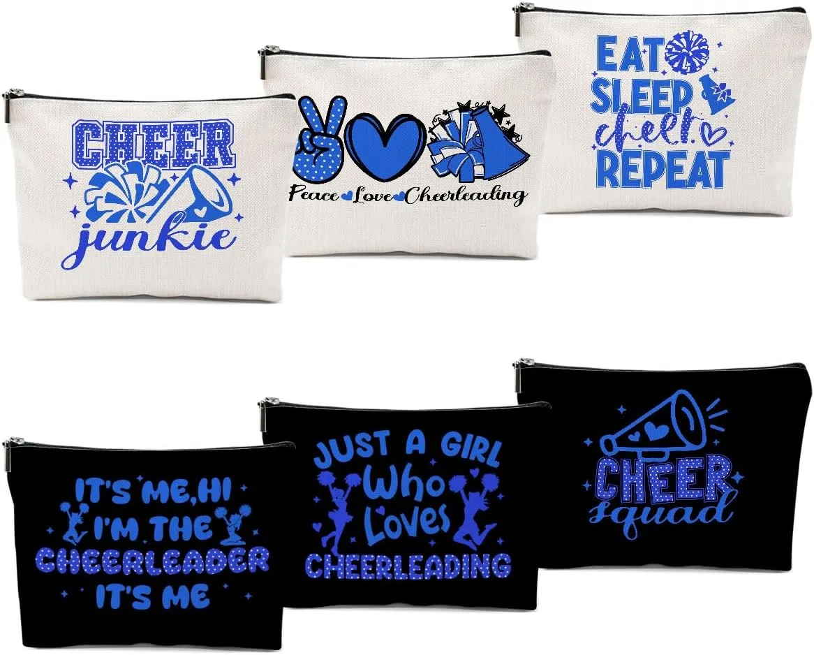 6 PCs Cheer Makeup Bag, Cheer Gifts, Cheerleader Gifts for Girls, Cheer Team Gifts Cheer Stuff Cosmetic Bag, Cheerleading Gifts for Women Girls Teammates Birthday Gifts, Blue and Black