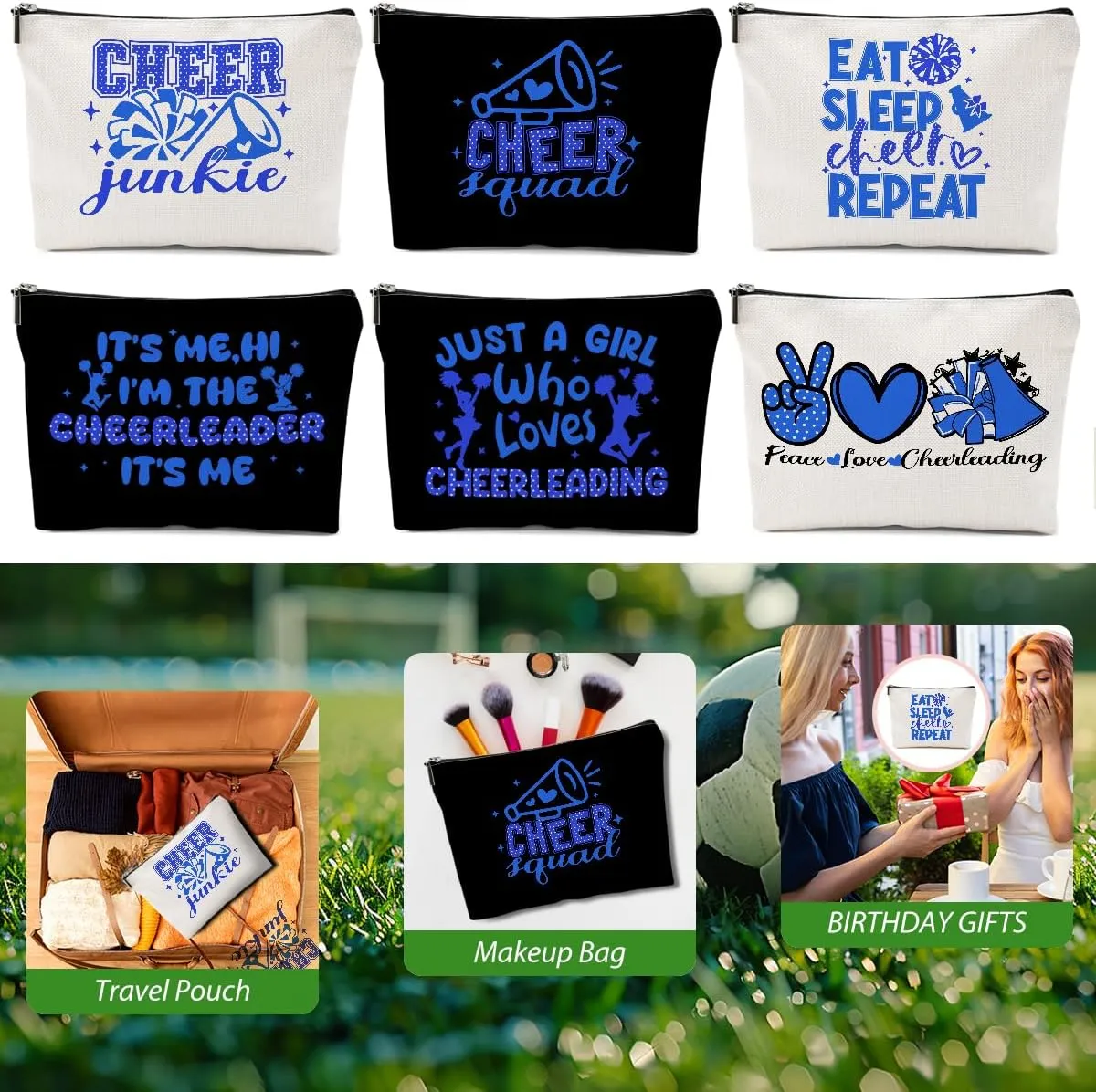 6 PCs Cheer Makeup Bag, Cheer Gifts, Cheerleader Gifts for Girls, Cheer Team Gifts Cheer Stuff Cosmetic Bag, Cheerleading Gifts for Women Girls Teammates Birthday Gifts, Blue and Black