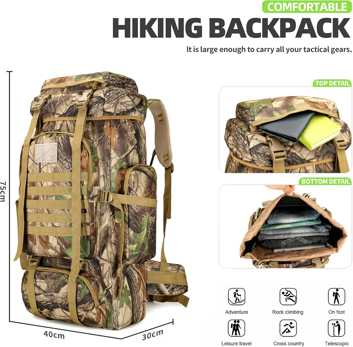 70L Hiking Backpack Military Tactical Camping Adjustable waterproof Climbing Sport Bags