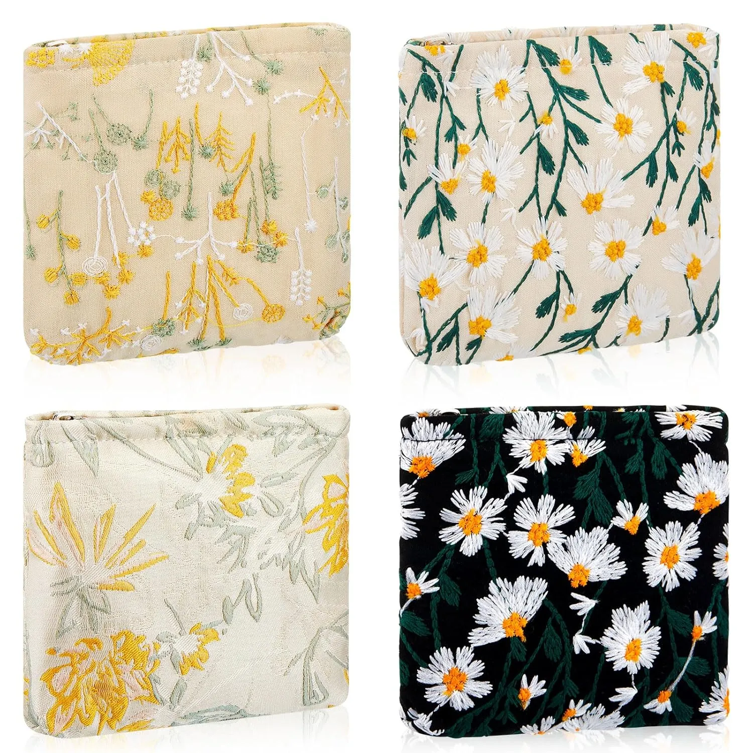 Abbylike 4 Pcs Floral Makeup Bag Corduroy Cosmetic Bag with Zipper Portable Small Pouches for Purse Toiletry Mini Pouch Cute Mini Makeup Purse for Coin Essentials Items Women(Embroidery)