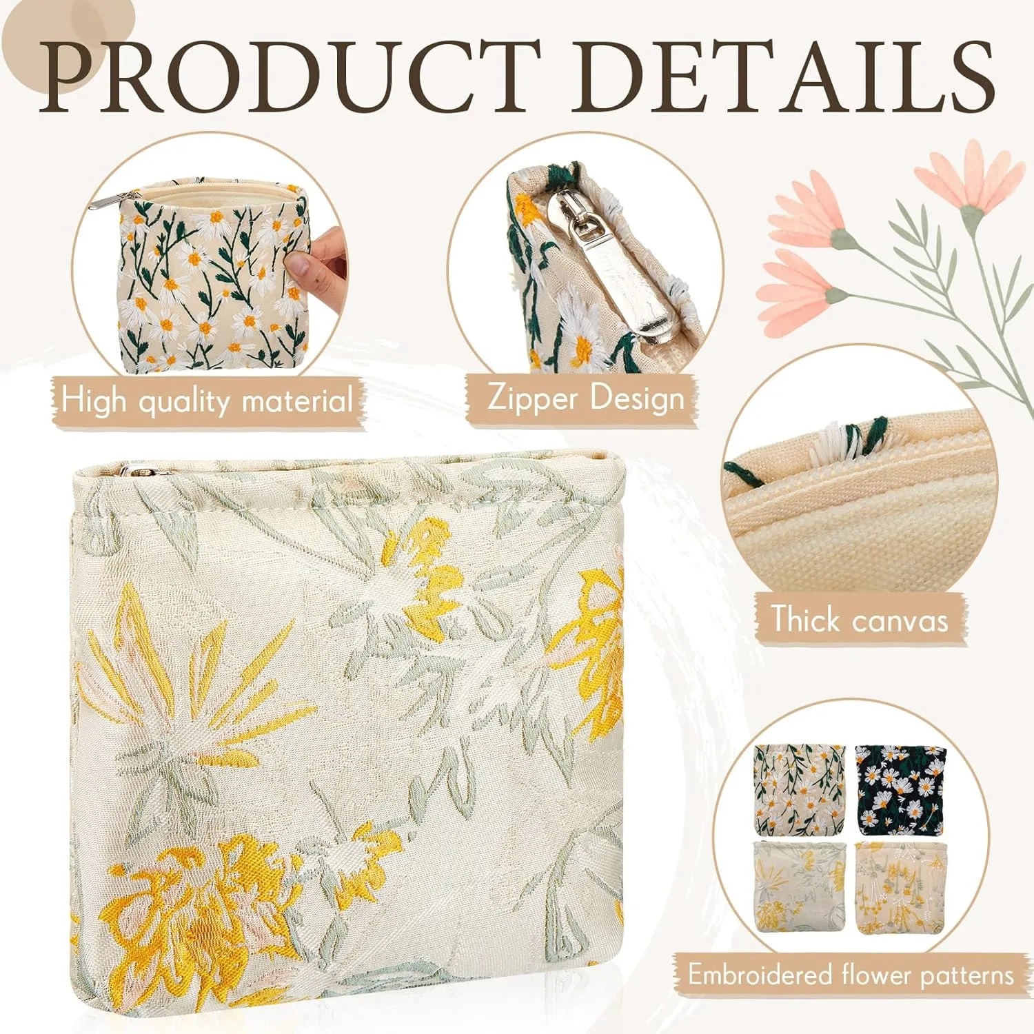 Abbylike 4 Pcs Floral Makeup Bag Corduroy Cosmetic Bag with Zipper Portable Small Pouches for Purse Toiletry Mini Pouch Cute Mini Makeup Purse for Coin Essentials Items Women(Embroidery)