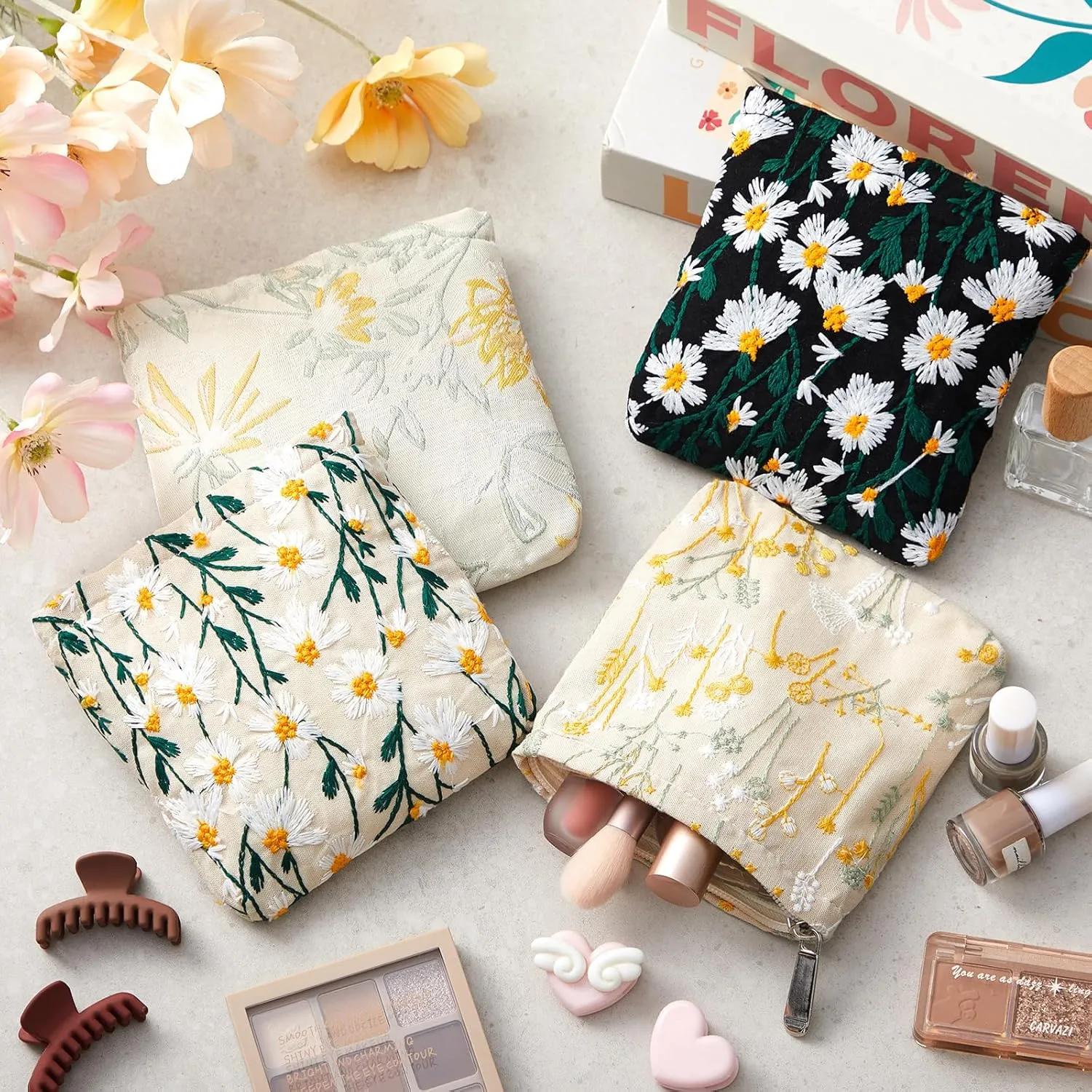 Abbylike 4 Pcs Floral Makeup Bag Corduroy Cosmetic Bag with Zipper Portable Small Pouches for Purse Toiletry Mini Pouch Cute Mini Makeup Purse for Coin Essentials Items Women(Embroidery)