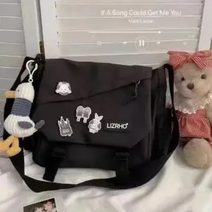 Aesthetic Crossbody Bag with Pins & Cute Accessory Kawaii Japanese Nylon Shoulder Messenger Bag for Women Men (black)