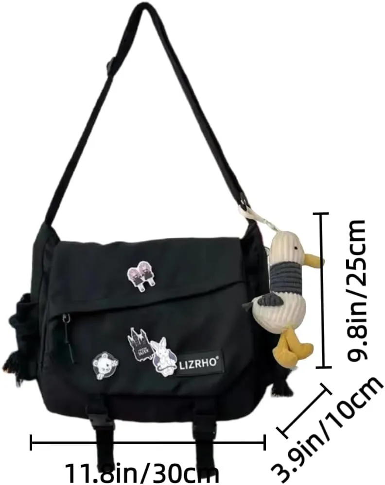 Aesthetic Crossbody Bag with Pins & Cute Accessory Kawaii Japanese Nylon Shoulder Messenger Bag for Women Men (black)