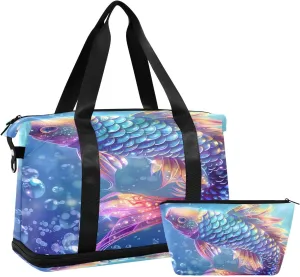 ALAZA Sparkling Fish Scales Pattern Travel Duffel Bag for Women Men Sports Gym Bag with Shoe Compartment Tote Weekender Overnight Bag with Wet Pocket for Travel, Gym,Yoga,Swimming