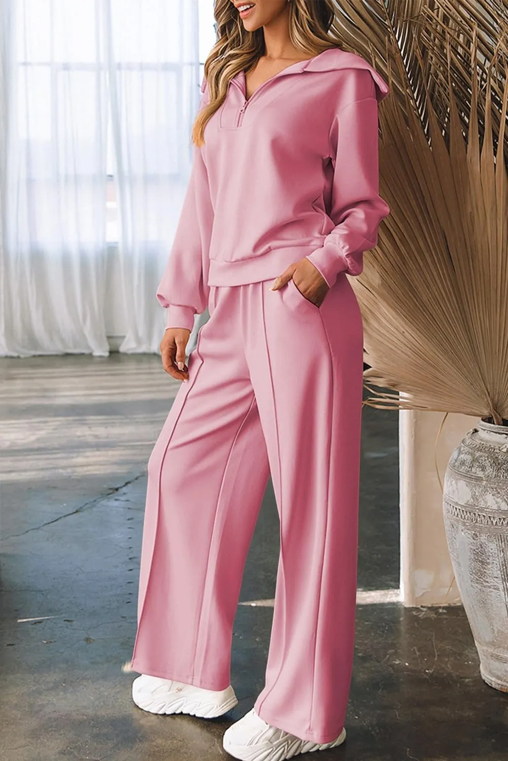 Aleumdr Two Piece Outfits Half Zip Sweatshirt Sweatsuit Lounge Sets for Women Matching Set Wide Leg Sweatpant Tracksuit