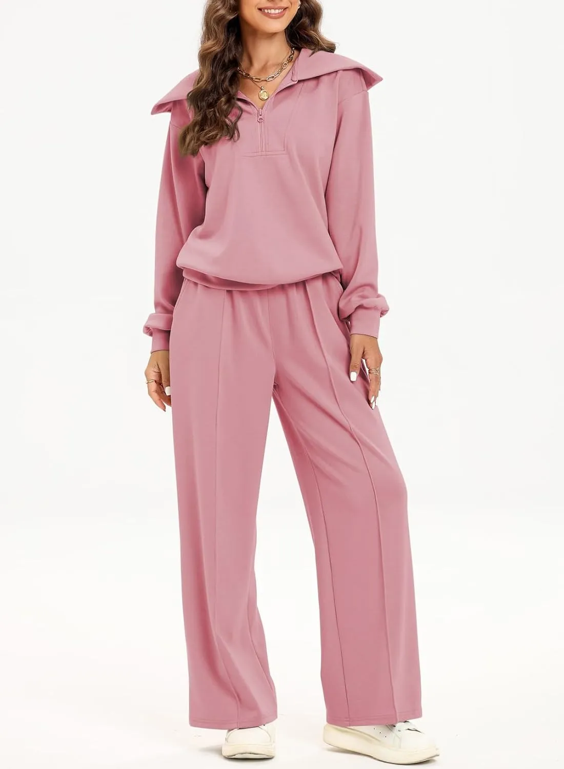 Aleumdr Two Piece Outfits Half Zip Sweatshirt Sweatsuit Lounge Sets for Women Matching Set Wide Leg Sweatpant Tracksuit