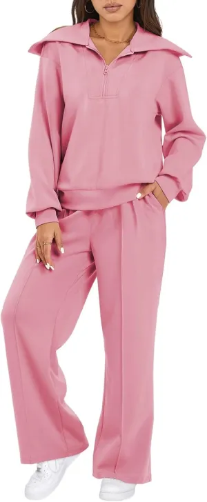 Aleumdr Two Piece Outfits Half Zip Sweatshirt Sweatsuit Lounge Sets for Women Matching Set Wide Leg Sweatpant Tracksuit
