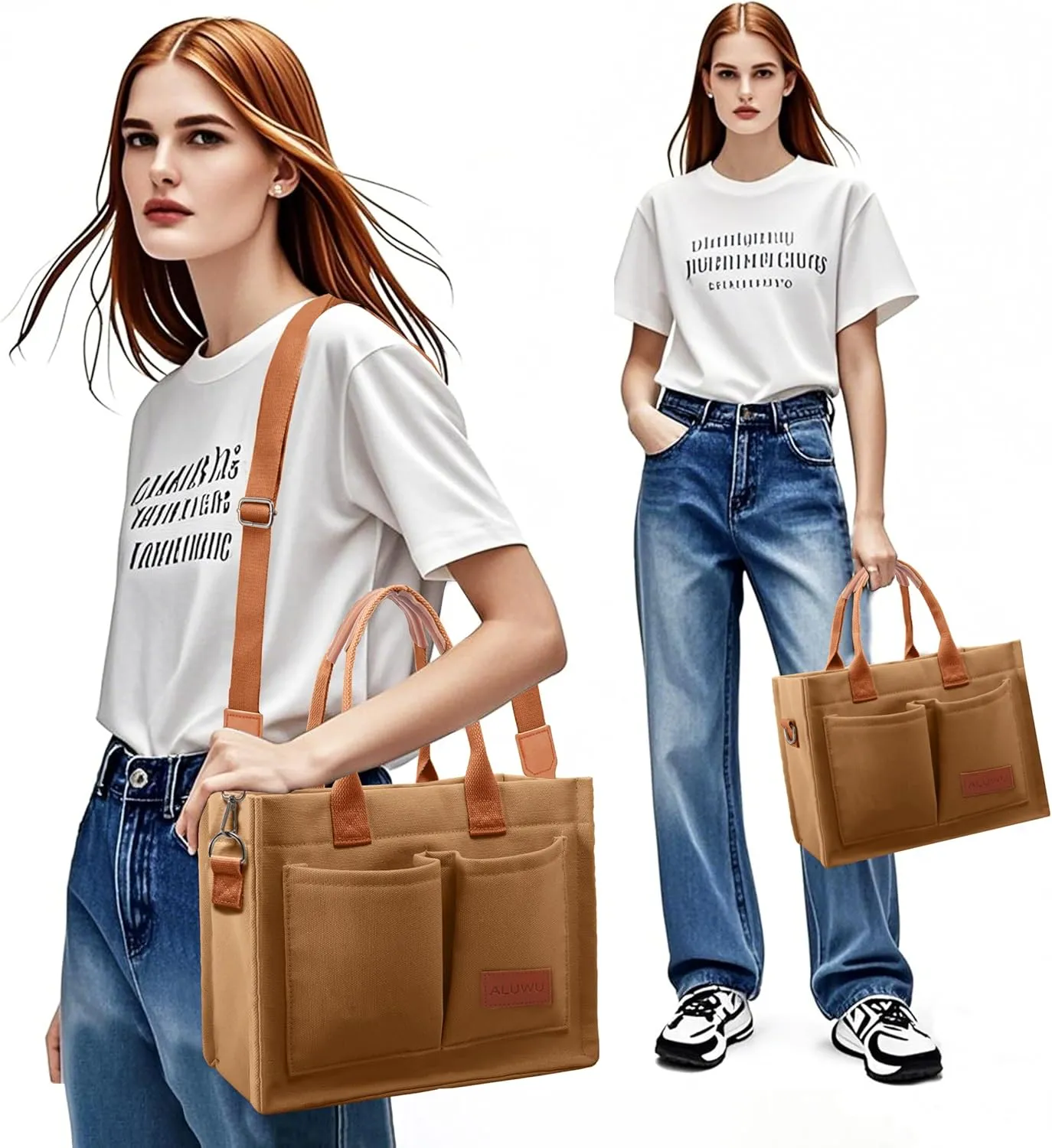 ALUWU Work Tote Bags for Women, Canvas Tote bag Womens Purse Handbags Crossbody Laptop Book Bag for Travel Nurse College Gift