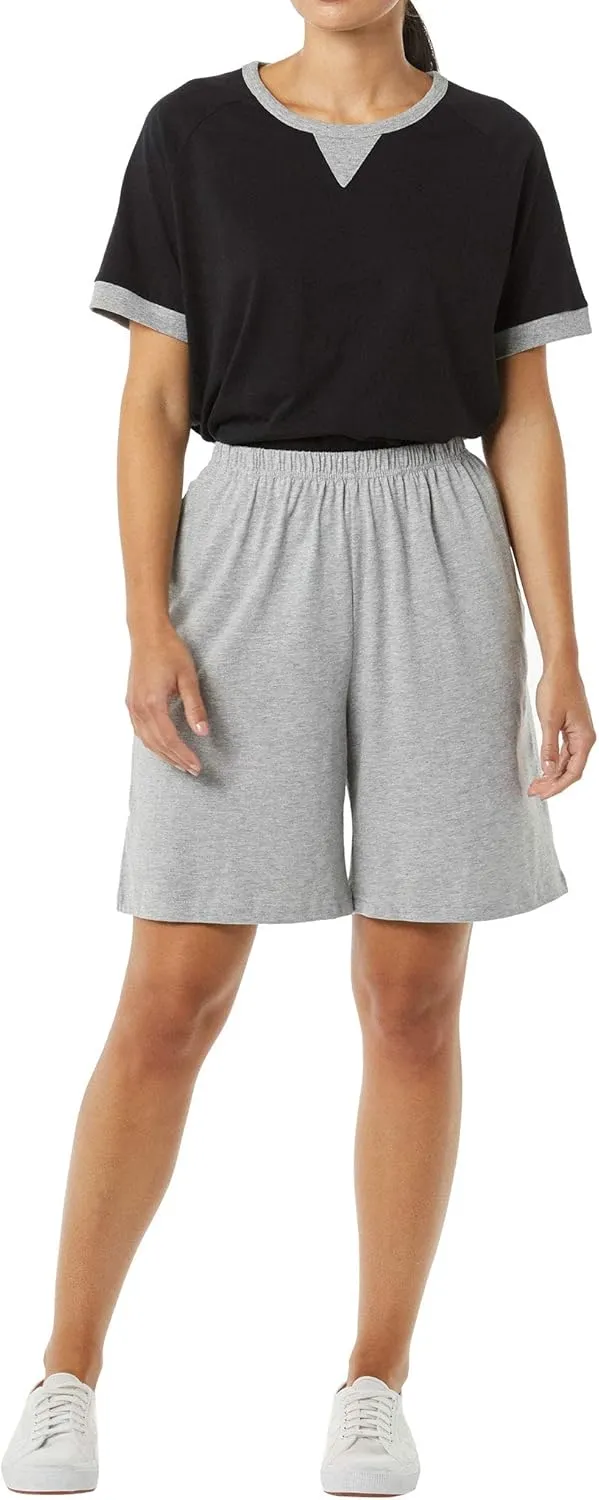 AmeriMark Women’s Full Elastic Waist Athletic Bermuda Shorts - Ladies 100% Cotton Pull-On Golf Shorts with Pockets