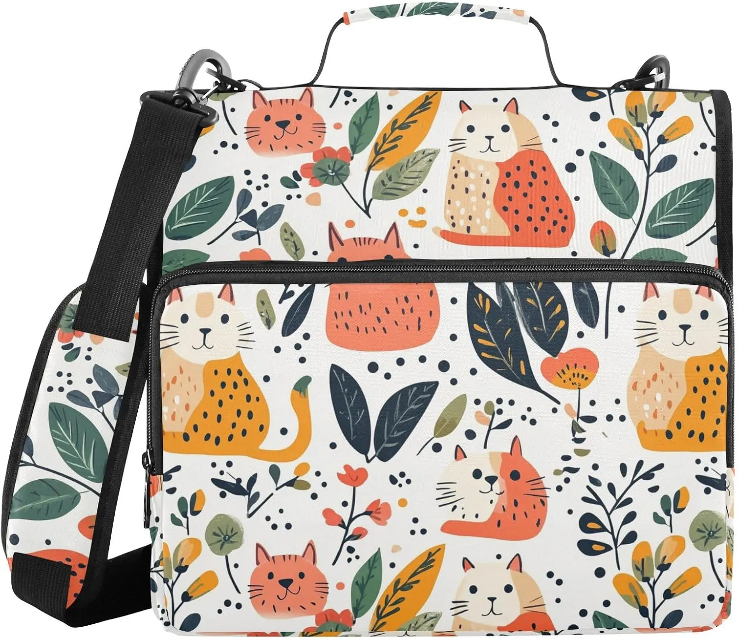 Animals Cute Cat Flowers Leave Zipper Binder with Shoulder Strap Trapper Keeper 3 Ring Binder Organizer Large Capacity Multiple Compartments for School Office