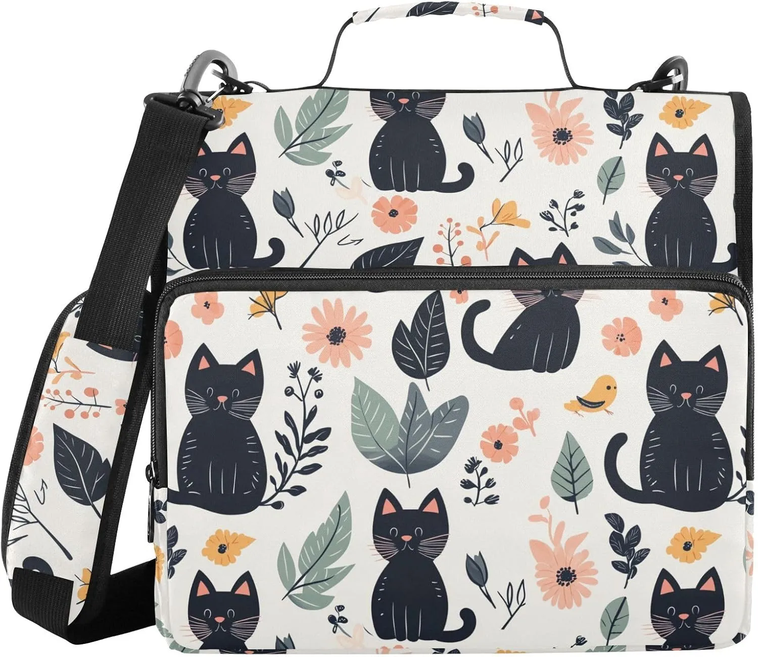 Animals Cute Cats Flowers Leaves Zipper Binder with Shoulder Strap Trapper Keeper 3 Ring Binder Organizer Large Capacity Multiple Compartments for School Office