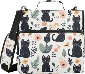 Animals Cute Cats Flowers Leaves Zipper Binder with Shoulder Strap Trapper Keeper 3 Ring Binder Organizer Large Capacity Multiple Compartments for School Office