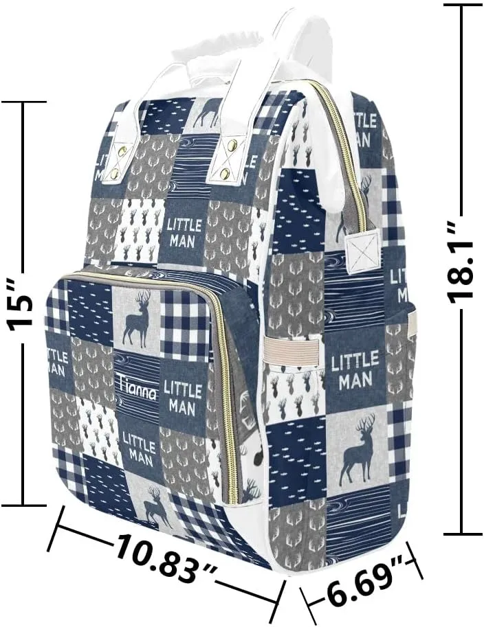 Antler Little Man Navy Woodland Plaid Diaper Bags with Name Waterproof Mummy Backpack Nappy Nursing Baby Bags Gifts Tote Bag for Women