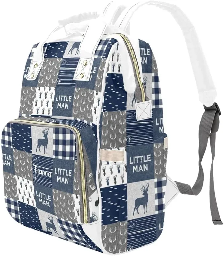 Antler Little Man Navy Woodland Plaid Diaper Bags with Name Waterproof Mummy Backpack Nappy Nursing Baby Bags Gifts Tote Bag for Women