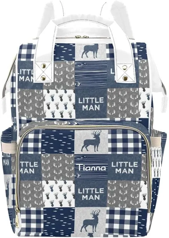 Antler Little Man Navy Woodland Plaid Diaper Bags with Name Waterproof Mummy Backpack Nappy Nursing Baby Bags Gifts Tote Bag for Women