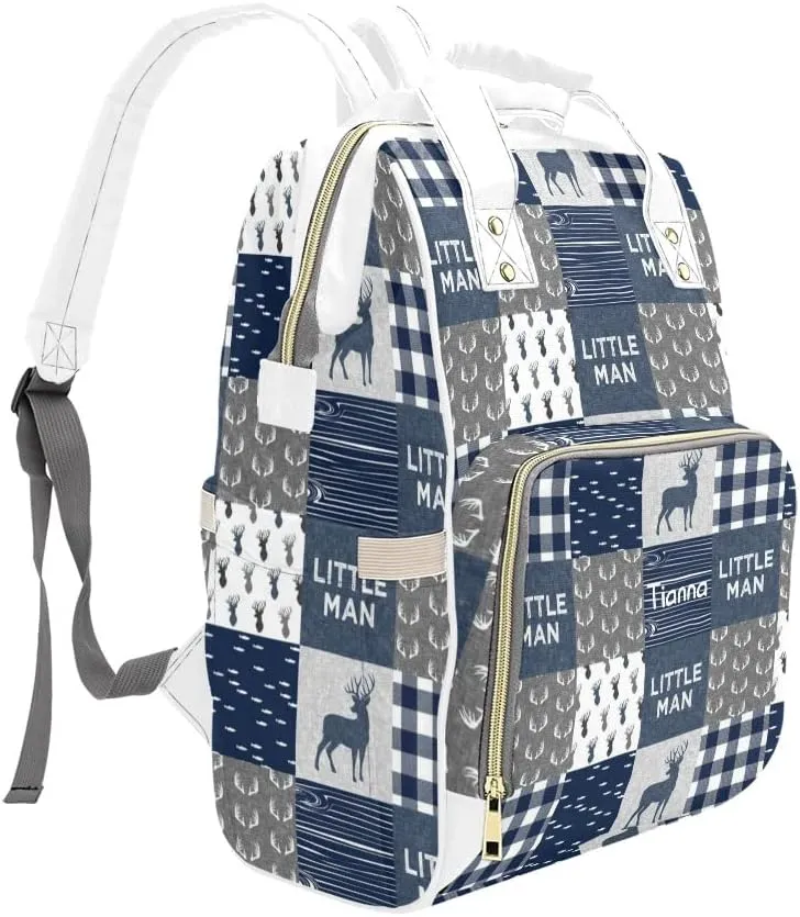 Antler Little Man Navy Woodland Plaid Diaper Bags with Name Waterproof Mummy Backpack Nappy Nursing Baby Bags Gifts Tote Bag for Women