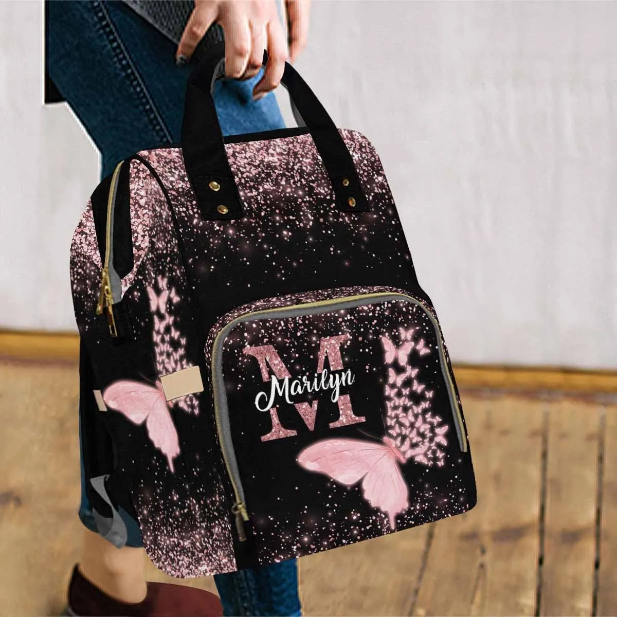 Artsadd Customized Large Capacity Diaper Bags Custom Pink Glitter Butterfly Diaper Backpack with Name Personalized Mommy Nursing Bags Casual Backpack for Women