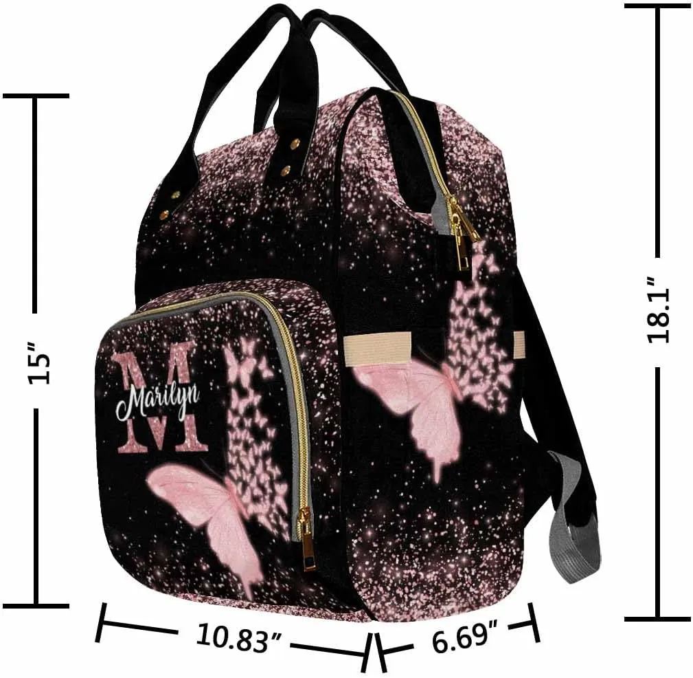 Artsadd Customized Large Capacity Diaper Bags Custom Pink Glitter Butterfly Diaper Backpack with Name Personalized Mommy Nursing Bags Casual Backpack for Women