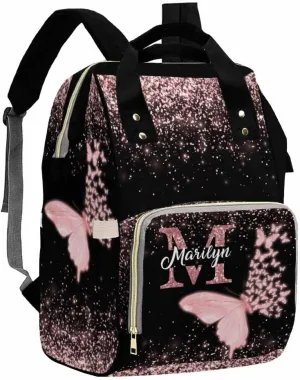 Artsadd Customized Large Capacity Diaper Bags Custom Pink Glitter Butterfly Diaper Backpack with Name Personalized Mommy Nursing Bags Casual Backpack for Women