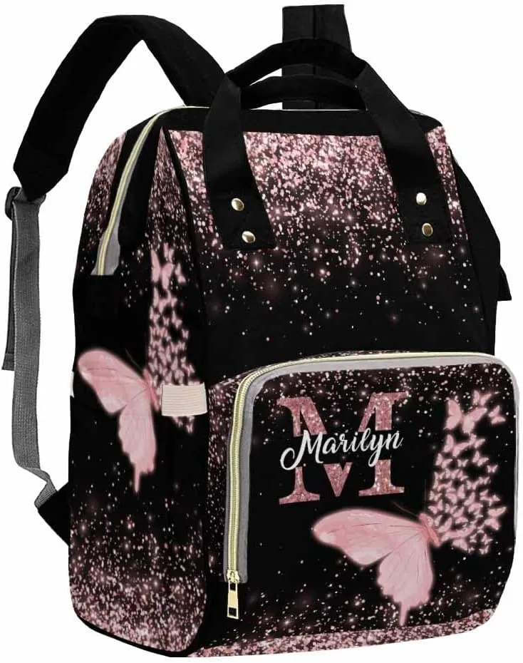 Artsadd Customized Large Capacity Diaper Bags Custom Pink Glitter Butterfly Diaper Backpack with Name Personalized Mommy Nursing Bags Casual Backpack for Women