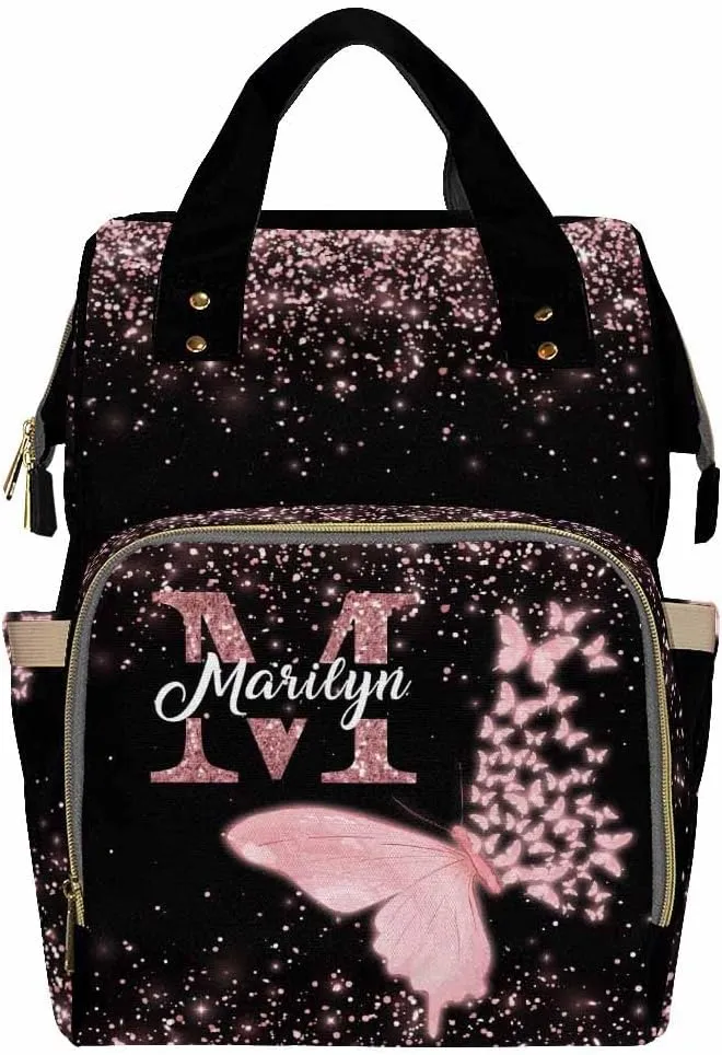 Artsadd Customized Large Capacity Diaper Bags Custom Pink Glitter Butterfly Diaper Backpack with Name Personalized Mommy Nursing Bags Casual Backpack for Women
