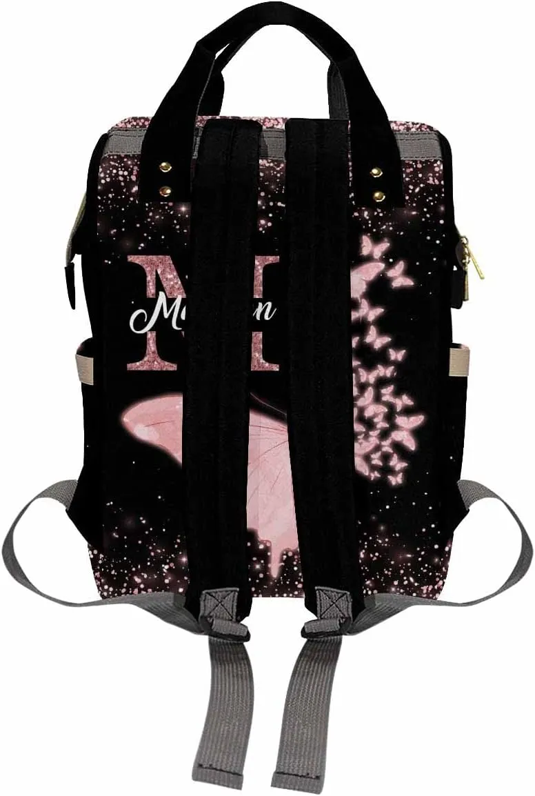 Artsadd Customized Large Capacity Diaper Bags Custom Pink Glitter Butterfly Diaper Backpack with Name Personalized Mommy Nursing Bags Casual Backpack for Women