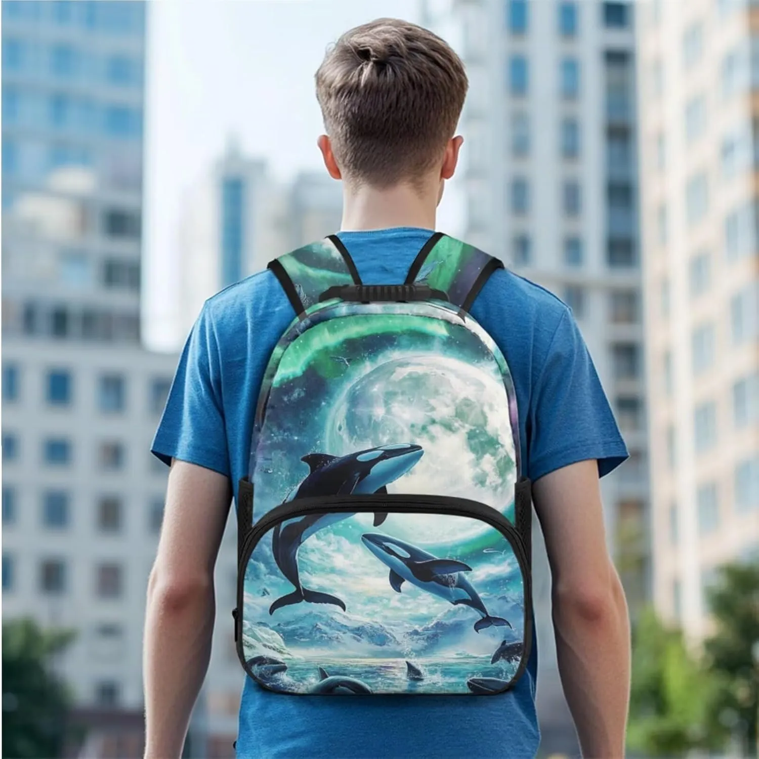 Aurora Moon Dolphin Backpack for Boys 10-12 with Lunch Box Pencil Case Set of 3 Pcs Kids Backpack for Elementary Middle School Bags Large Capacity Teen Boys Bookbag