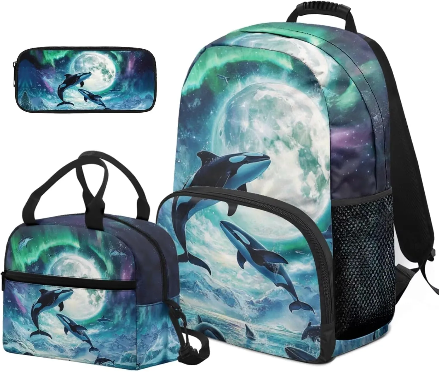 Aurora Moon Dolphin Backpack for Boys 10-12 with Lunch Box Pencil Case Set of 3 Pcs Kids Backpack for Elementary Middle School Bags Large Capacity Teen Boys Bookbag