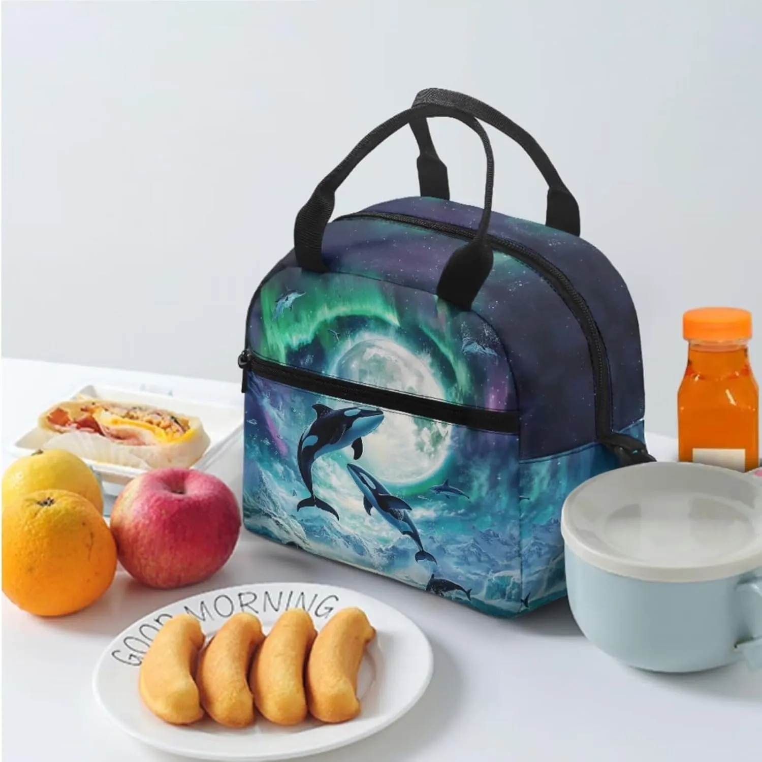 Aurora Moon Dolphin Backpack for Boys 10-12 with Lunch Box Pencil Case Set of 3 Pcs Kids Backpack for Elementary Middle School Bags Large Capacity Teen Boys Bookbag