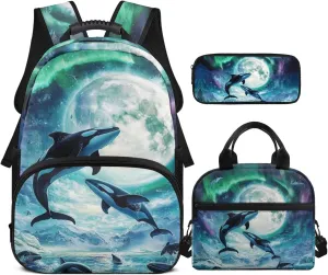 Aurora Moon Dolphin Backpack for Boys 10-12 with Lunch Box Pencil Case Set of 3 Pcs Kids Backpack for Elementary Middle School Bags Large Capacity Teen Boys Bookbag