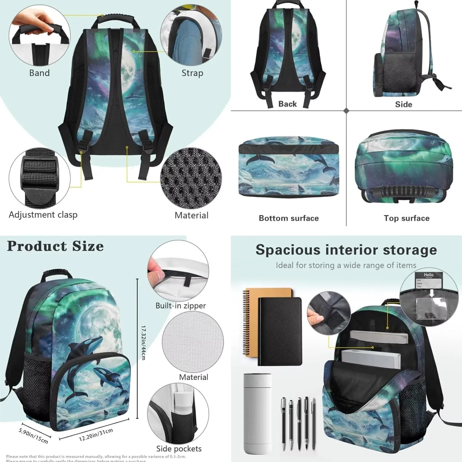 Aurora Moon Dolphin Backpack for Boys 10-12 with Lunch Box Pencil Case Set of 3 Pcs Kids Backpack for Elementary Middle School Bags Large Capacity Teen Boys Bookbag