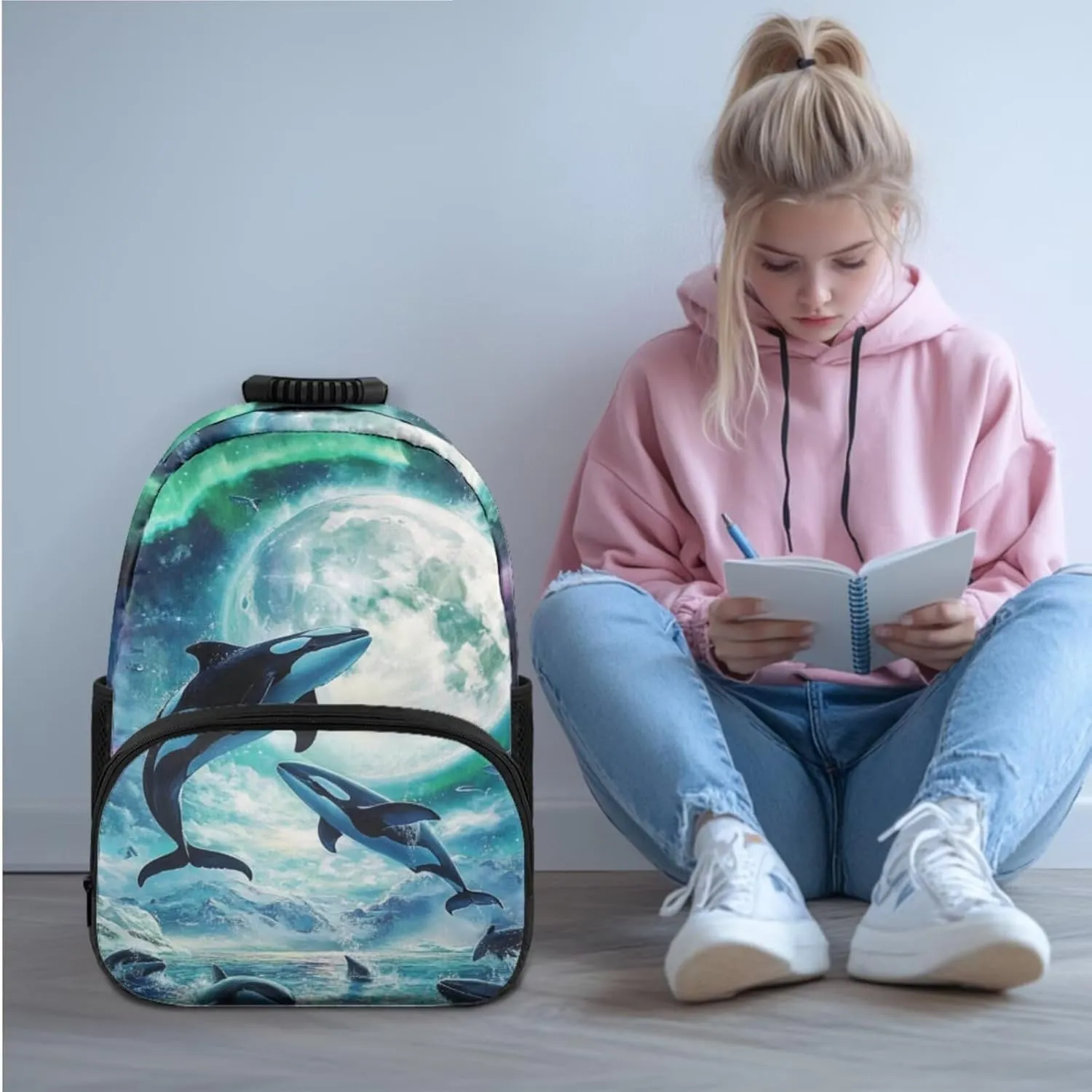 Aurora Moon Dolphin Backpack for Boys 10-12 with Lunch Box Pencil Case Set of 3 Pcs Kids Backpack for Elementary Middle School Bags Large Capacity Teen Boys Bookbag
