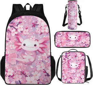 Axolotl Bookbag and Lunch Box Set for Toddler Girls 17 inch School Bags for Girls 5-6 Years with Lunch Bag Kawaii School Backpack for 1st 2nd 3rd 4th 5th Grade