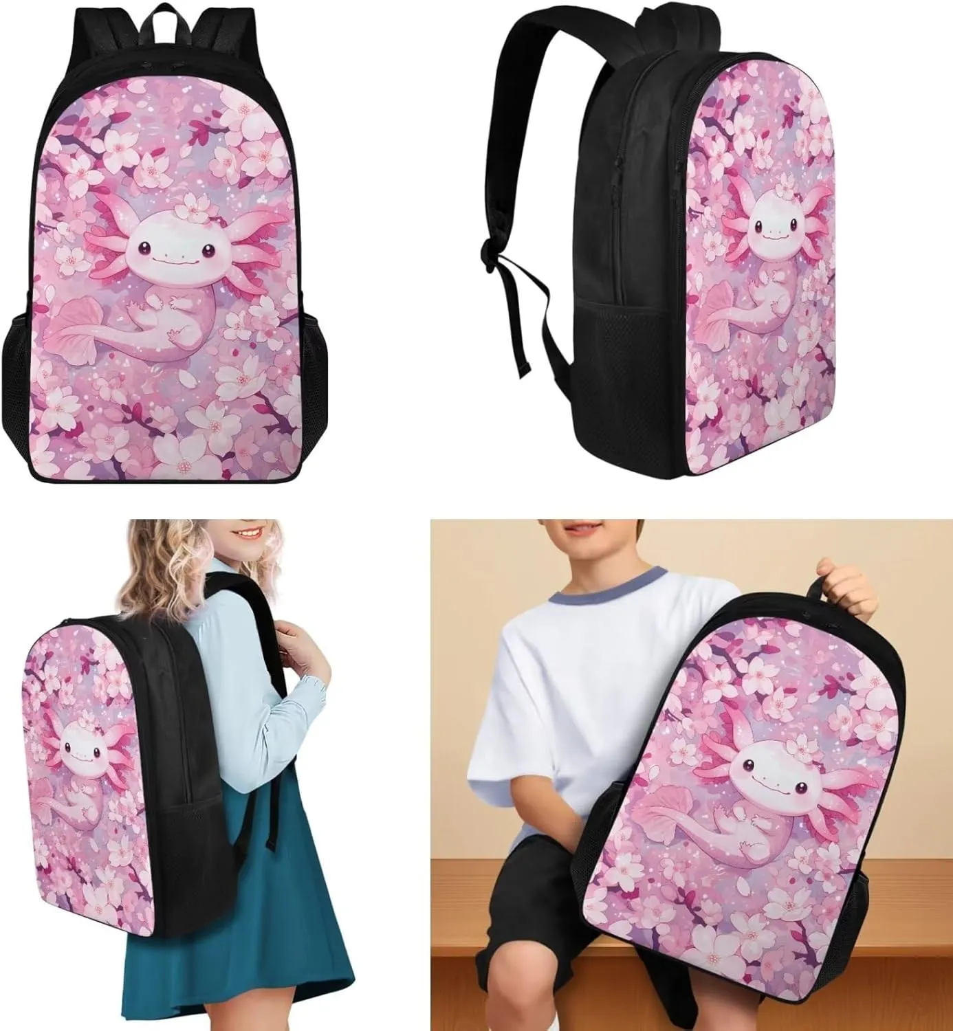 Axolotl Bookbag and Lunch Box Set for Toddler Girls 17 inch School Bags for Girls 5-6 Years with Lunch Bag Kawaii School Backpack for 1st 2nd 3rd 4th 5th Grade