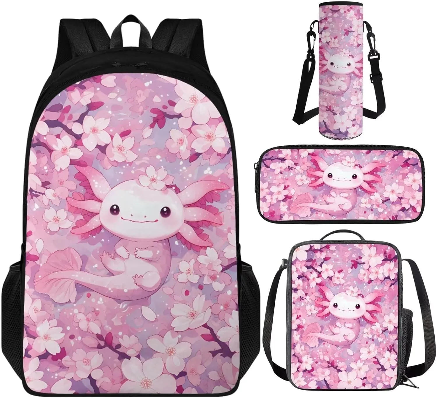 Axolotl Bookbag and Lunch Box Set for Toddler Girls 17 inch School Bags for Girls 5-6 Years with Lunch Bag Kawaii School Backpack for 1st 2nd 3rd 4th 5th Grade