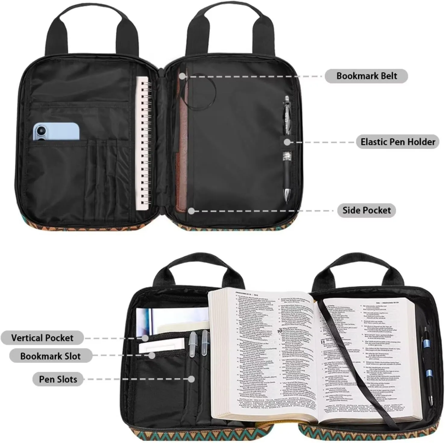 Aztec Tribal Bible Cover Case for Women with Zipper Pocket/Pen Slot/Shoulder Strap-Church Bag for Lady Bible Bag Waterproof