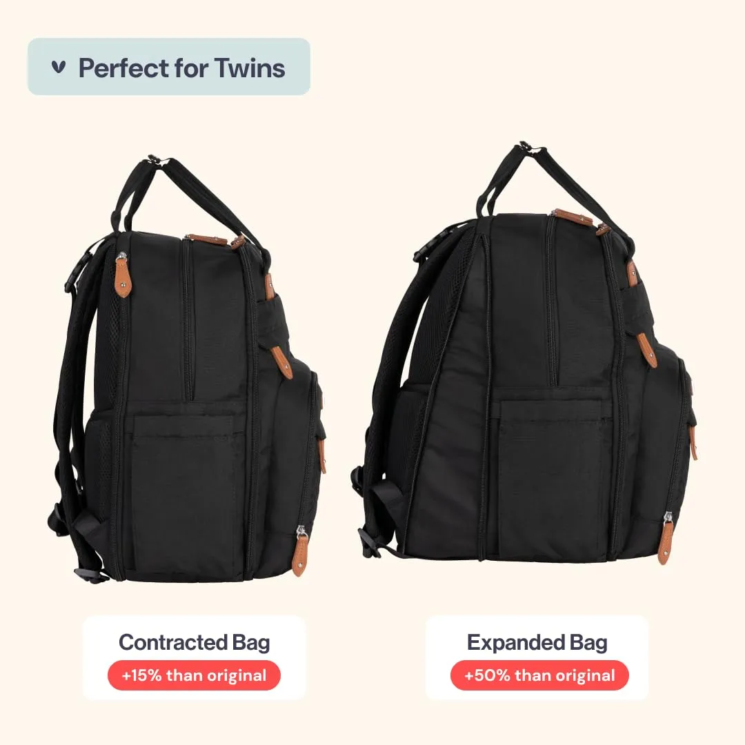 BabbleRoo Extra Large Diaper Bag Backpack, Expandable Baby Bag with Up to 50% More Capacity - Travel Essentials Baby Bag Tote with Changing Pad, Stroller Straps & Pacifier Case - Unisex, Black