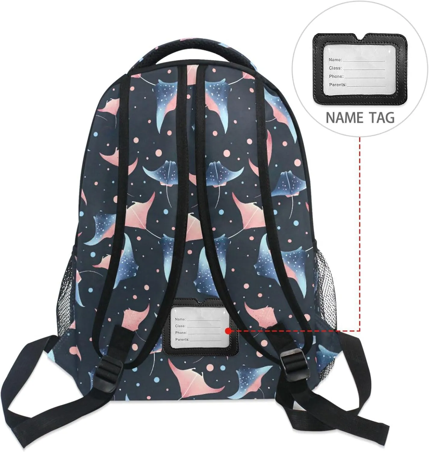 Backpack for Boys Girls Cute Manta Ray Pattern Shoulder Bag Elementary Middle High School Bookbag Laptop Bags Casual Daypack Rucksack for Men Women Teens Outdoor Travel M